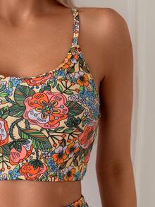 SHEIN Swim Conjunto de tankini con estampado aleatorio para la playa en vacaciones de verano, bikini de dos piezas de cintura alta - Multicolor - Ver 3