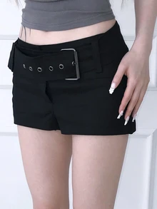 FRIFUL Women's Solid Color Fitted Casual Versatile Shorts Going Out Night Black Summer - Black - View 2