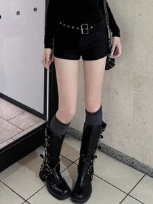 FRIFUL Women's Solid Color Fitted Casual Versatile Shorts Going Out Night Black Summer - Black - View 9