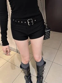 FRIFUL Women's Solid Color Fitted Casual Versatile Shorts Going Out Night Black Summer - Black - View 11