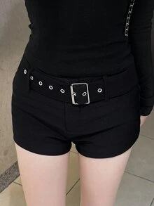 FRIFUL Women's Solid Color Fitted Casual Versatile Shorts Going Out Night Black Summer - Black - View 8