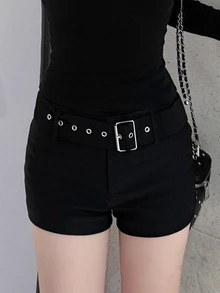 FRIFUL Women's Solid Color Fitted Casual Versatile Shorts Going Out Night Black Summer - Black - View 5