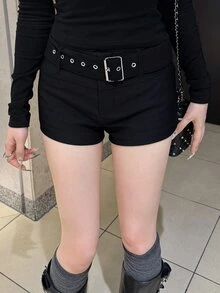FRIFUL Women's Solid Color Fitted Casual Versatile Shorts Going Out Night Black Summer - Black - View 10