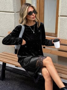 SHEIN LUNE فستان نسائي كاجوال متوسط الطول للتنقل اليومي، أكمام طويلة، خريف وشتاء، تصميم باتشوورك، أساسي عصري، ملابس خارجية يومية - الأسود - مشاهدة 7