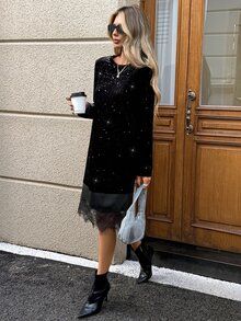 SHEIN LUNE فستان نسائي كاجوال متوسط الطول للتنقل اليومي، أكمام طويلة، خريف وشتاء، تصميم باتشوورك، أساسي عصري، ملابس خارجية يومية - الأسود - مشاهدة 6