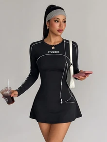 StreetHx Women's 2 Pieces Sports Set: Black Round Neck Long Sleeve Split Hem Workout Dress And High-Waisted Sports Shorts With Phone Pocket - Black - View 1