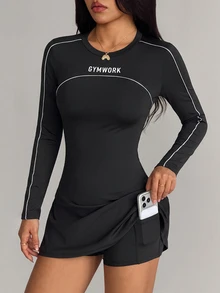 StreetHx Women's 2 Pieces Sports Set: Black Round Neck Long Sleeve Split Hem Workout Dress And High-Waisted Sports Shorts With Phone Pocket - Black - View 5