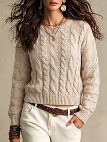 LUMIGAL Women's Beige Loose Casual Versatile Round Neck Classic Cable Knit Textured Pullover Sweater For Daily Commute And Outdoor Wear, Autumn/Winter Brunch - Khaki - View 1