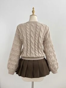 LUMIGAL Women's Beige Loose Casual Versatile Round Neck Classic Cable Knit Textured Pullover Sweater For Daily Commute And Outdoor Wear, Autumn/Winter Brunch - Khaki - View 2