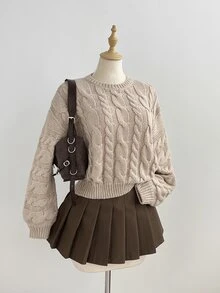 LUMIGAL Women's Beige Loose Casual Versatile Round Neck Classic Cable Knit Textured Pullover Sweater For Daily Commute And Outdoor Wear, Autumn/Winter Brunch - Khaki - View 5