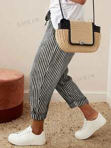 SHEIN Holidaya 复古休闲黑白竖条纹抽绳哈伦裤 - 黑色 - 查看 3