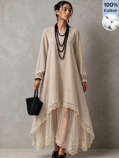 CHARMVALE Bohemian Women's Vintage Artistic Asymmetrical Patchwork Dress, Soft Textured Long Sleeve Top Paired With Lightweight Sheer Lace Skirt, Loose Fit Flattering Silhouette, Layered Flowy Design, Suitable For Commuting And Vacation, Effortlessly Creates A Sophisticated Vibe