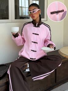 Muchica Women's Contrast Color Frog Button Zipper Long Sleeve Jacket And Casual Pants 2 Pieces Set - Multicolor - View 1