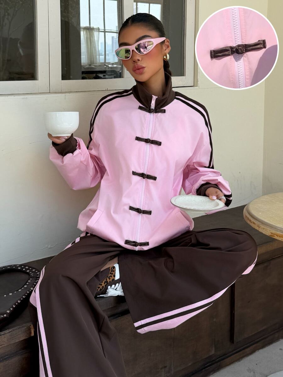 Muchica Women's Contrast Color Frog Button Zipper Long Sleeve Jacket And Casual Pants 2 Pieces Set - Multicolor - View 1