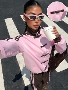 Muchica Women's Contrast Color Frog Button Zipper Long Sleeve Jacket And Casual Pants 2 Pieces Set - Multicolor - View 5