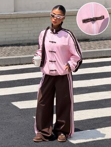 Muchica Women's Contrast Color Frog Button Zipper Long Sleeve Jacket And Casual Pants 2 Pieces Set - Multicolor - View 7