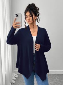 SHEIN PETITE CURVE Plus Size Women's Solid Color Casual Versatile Daily Outing Cardigan Fall - Navy Blue - View 7