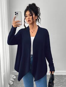 SHEIN PETITE CURVE Plus Size Women's Solid Color Casual Versatile Daily Outing Cardigan Fall - Navy Blue - View 8