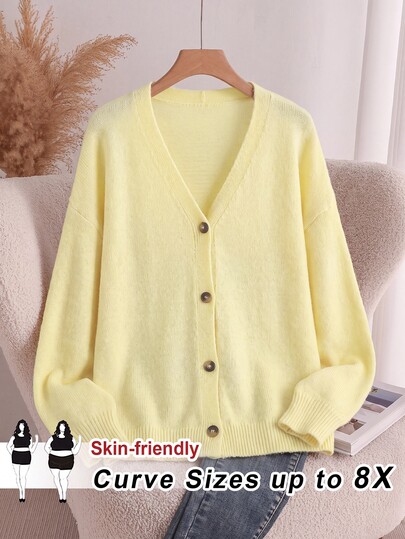 SHEIN CURVE+ كنزة صوفية نسائية مقاس كبير بأسلوب جامعي بقصة فضفاضة وأكمام فانوس بلون أصفر ناعم، كاجوال فضفاضة للخريف والمناسبات الرسمية والعطلات والملابس المنزلية والمسائية