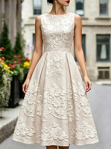 SHEIN [Printed Design] Women's French Elegant Cinched Waist Sleeveless Summer Linen Floral Print Midi Dress - Apricot - View 4