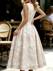SHEIN [Printed Design] Women's French Elegant Cinched Waist Sleeveless Summer Linen Floral Print Midi Dress - Apricot - View 6