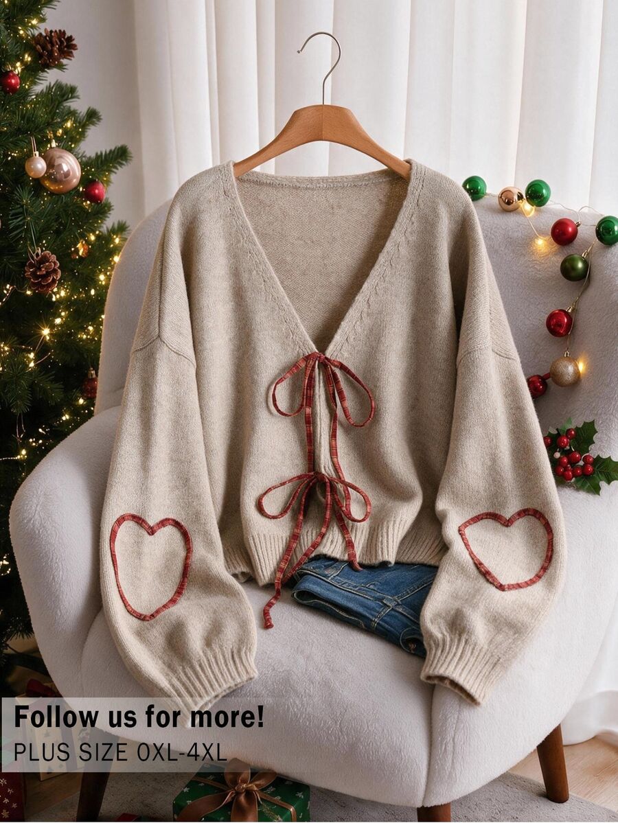 CosyJoli Cardigan Kasual Wanita Ukuran Besar Model V-Neck dengan Pita dan Tali Depan Warna Oatmeal