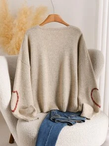 CosyJoli Cardigan Kasual Wanita Ukuran Besar Model V-Neck dengan Pita dan Tali Depan Warna Oatmeal - Aprikot - View 3