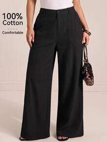 CovetEZ Autumn/Winter Solid Color Pure Cotton Casual Plus Size Pants Fall - Black - View 1