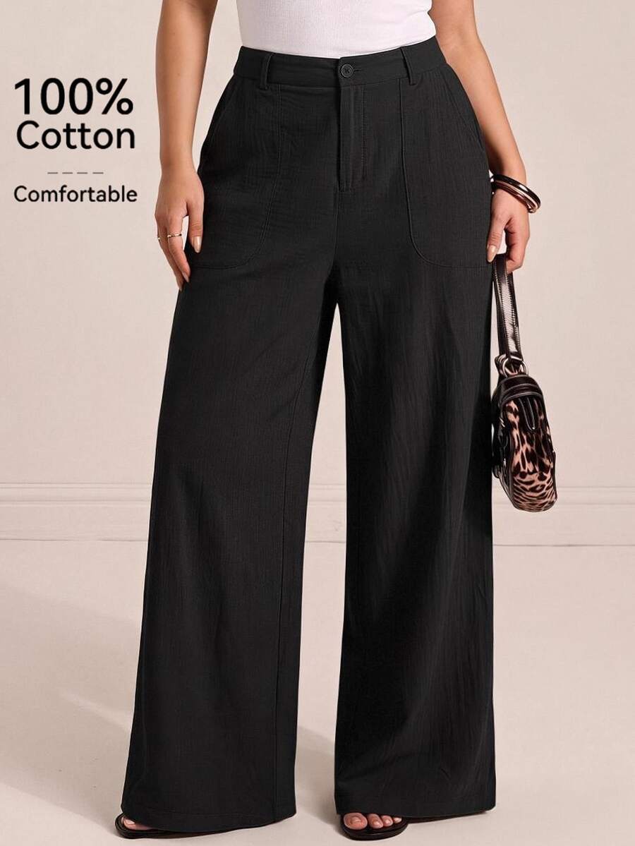 CovetEZ Autumn/Winter Solid Color Pure Cotton Casual Plus Size Pants Fall - Black - View 1