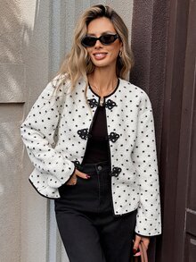 Serisse Women's Autumn/Winter Fuzzy White Polka Dot Frog Button Jacket Suitable For Dating, Vacation, Party Everyday Day Party Night, Gathering French Elegant - Black and White - View 7