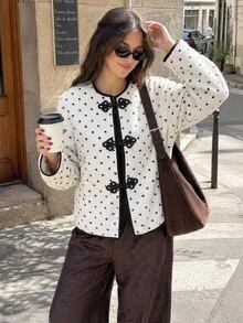 Serisse Women's Autumn/Winter Fuzzy White Polka Dot Frog Button Jacket Suitable For Dating, Vacation, Party Everyday Day Party Night, Gathering French Elegant - Black and White - View 5