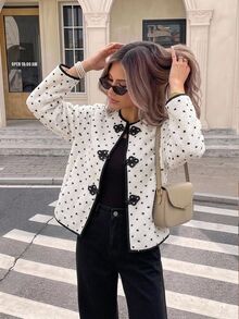Serisse Women's Autumn/Winter Fuzzy White Polka Dot Frog Button Jacket Suitable For Dating, Vacation, Party Everyday Day Party Night, Gathering French Elegant - Black and White - View 2