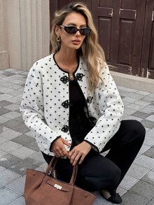 Serisse Women's Autumn/Winter Fuzzy White Polka Dot Frog Button Jacket Suitable For Dating, Vacation, Party Everyday Day Party Night, Gathering French Elegant - Black and White - View 6