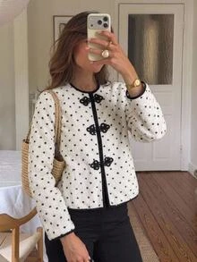Serisse Women's Autumn/Winter Fuzzy White Polka Dot Frog Button Jacket Suitable For Dating, Vacation, Party Everyday Day Party Night, Gathering French Elegant - Black and White - View 4