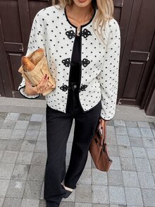 Serisse Women's Autumn/Winter Fuzzy White Polka Dot Frog Button Jacket Suitable For Dating, Vacation, Party Everyday Day Party Night, Gathering French Elegant - Black and White - View 8