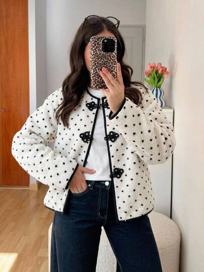 Serisse Dames herfst/winter pluizige polkadot kikkerknopen jas geschikt voor daten, vakantie, feest, dagelijks uitje, bijeenkomst, buitenactiviteiten