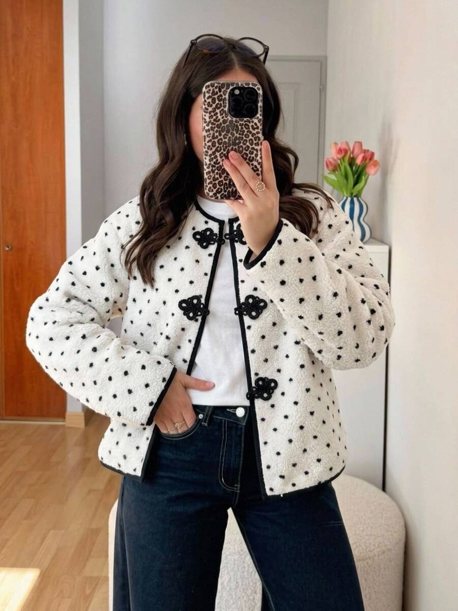 Serisse Women's Autumn/Winter Fuzzy White Polka Dot Frog Button Jacket Suitable For Dating, Vacation, Party Everyday Day Party Night, Gathering French Elegant - Black and White - View 1