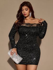 Velvienne Plus Size Women Off-Shoulder Lace Patchwork Fashion Party Dress - Black - View 10