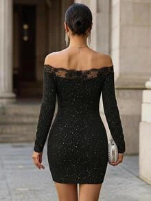 Velvienne Plus Size Women Off-Shoulder Lace Patchwork Fashion Party Dress - Black - View 2