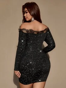 Velvienne Plus Size Women Off-Shoulder Lace Patchwork Fashion Party Dress - Black - View 12