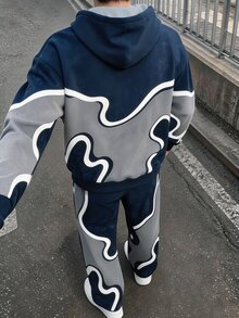 2件組 青少年男孩時尚極簡舒適連帽衫與寬腿運動褲套裝，拼色印花秋季穿搭，適合5-15°C，假日派對外出穿著，柔軟面料，寬腿版型，春秋冬季休閒穿搭，易於穿脫 - 藏蓝色 - 查看 2