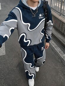 2件組 青少年男孩時尚極簡舒適連帽衫與寬腿運動褲套裝，拼色印花秋季穿搭，適合5-15°C，假日派對外出穿著，柔軟面料，寬腿版型，春秋冬季休閒穿搭，易於穿脫 - 藏蓝色 - 查看 6