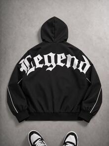 SHEIN Teen Boys American Street Streetwear Baggy Racing Style Hooded Jacket, Full Zip Design, Loose Fit, Fall Sixth Form Beach Black - Black - View 2