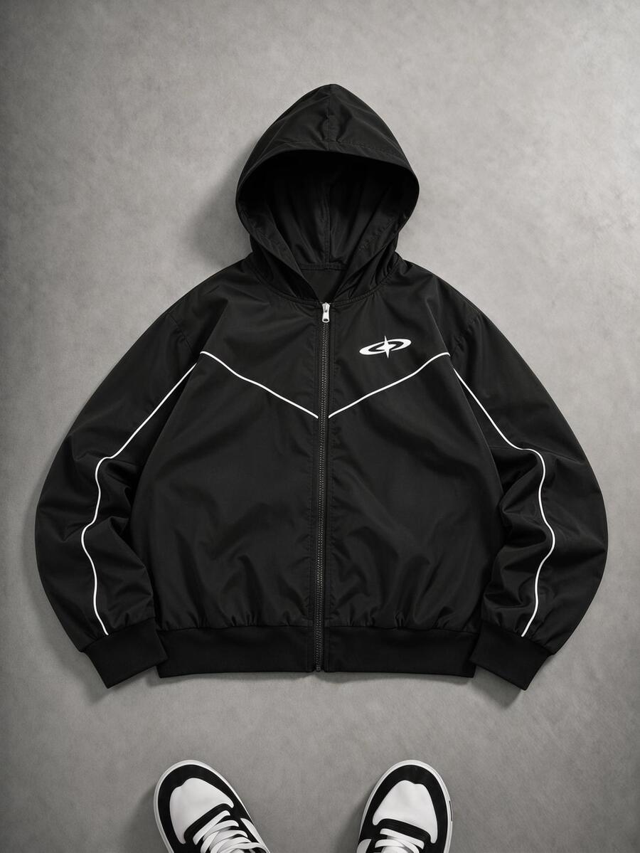 SHEIN Teen Boys American Street Streetwear Baggy Racing Style Hooded Jacket, Full Zip Design, Loose Fit, Fall Sixth Form Beach Black - Black - View 1