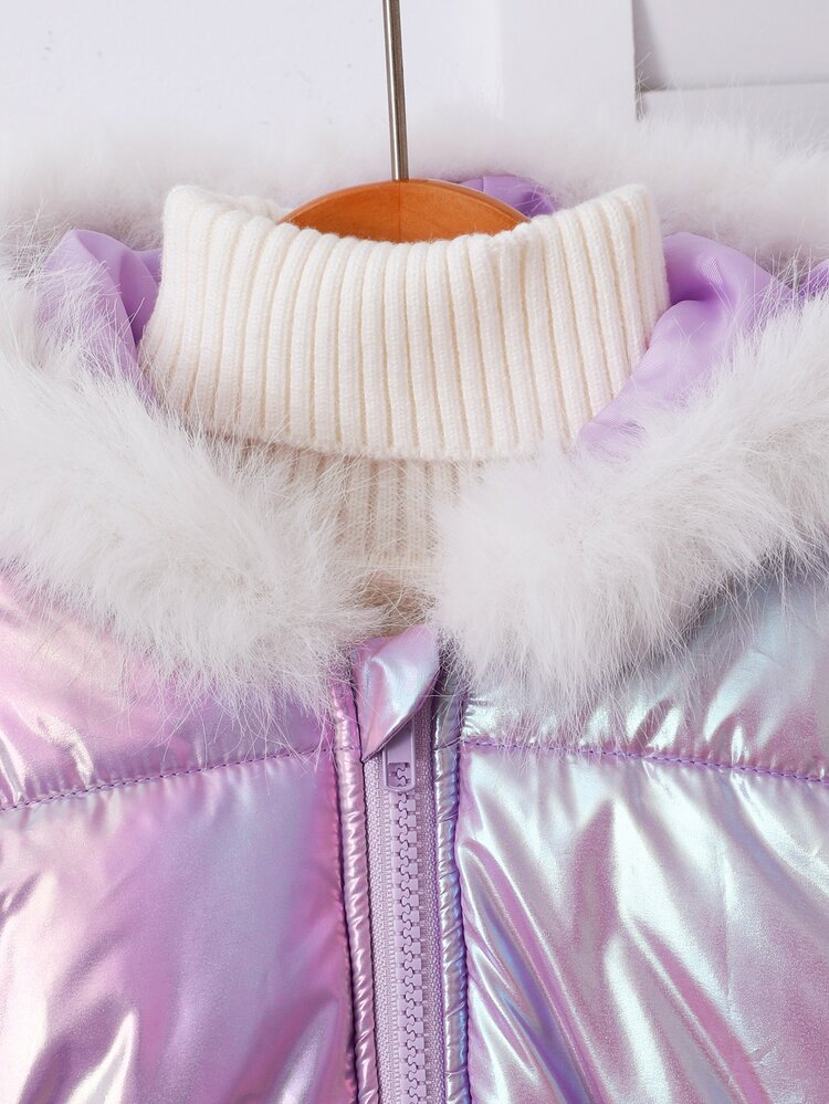 Fashionable Cute Winter Girls Elegant Fantasy Color Mid-Length Padded Coat, Hand-Stitched Pocket Decoration Purple Fantasy Color Hooded Mid-Length Padded Coat, Hooded Fur Trim, Polar Fleece Lining, Elastic Waistband, Loose Fit, Comfortable Padded Coat, Suitable For Daily Autumn/Winter Wear. - Purple - View 6