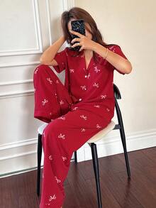 SHEIN 女款條紋蝴蝶結印花翻領短袖睡衣套裝 紅色夏季居家休閒服套裝 櫻桃睡衣套裝 - 紅色 - 查看 6