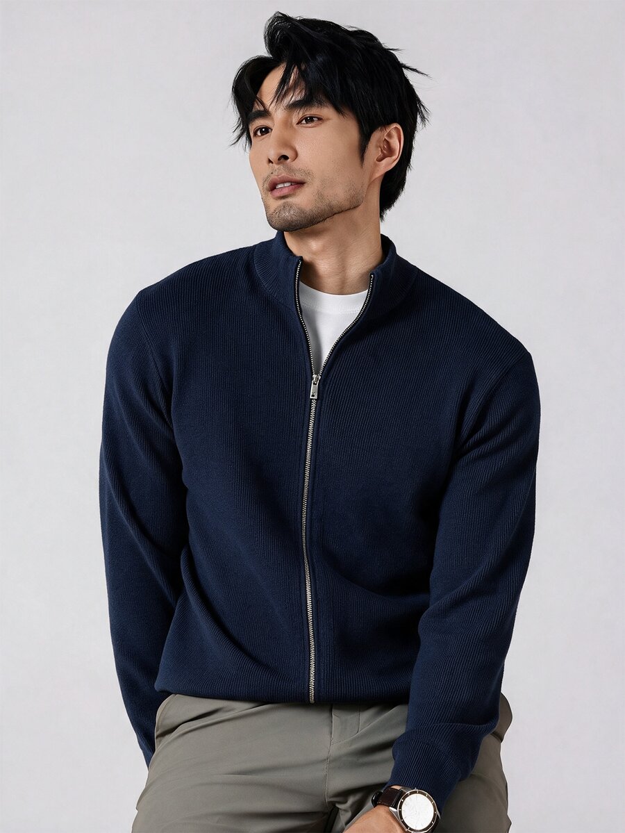 Manfinity CasualKnits 男士素色長袖拉鍊針織開襟衫 - 彩色 - 查看 1