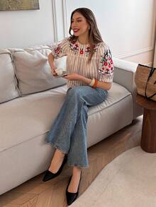 Pariaura [Printed Design] Women's Spring/Summer French Striped Puff Sleeve Blouse, Loose Versatile Casual Commuter Short Shirt - Apricot - View 5