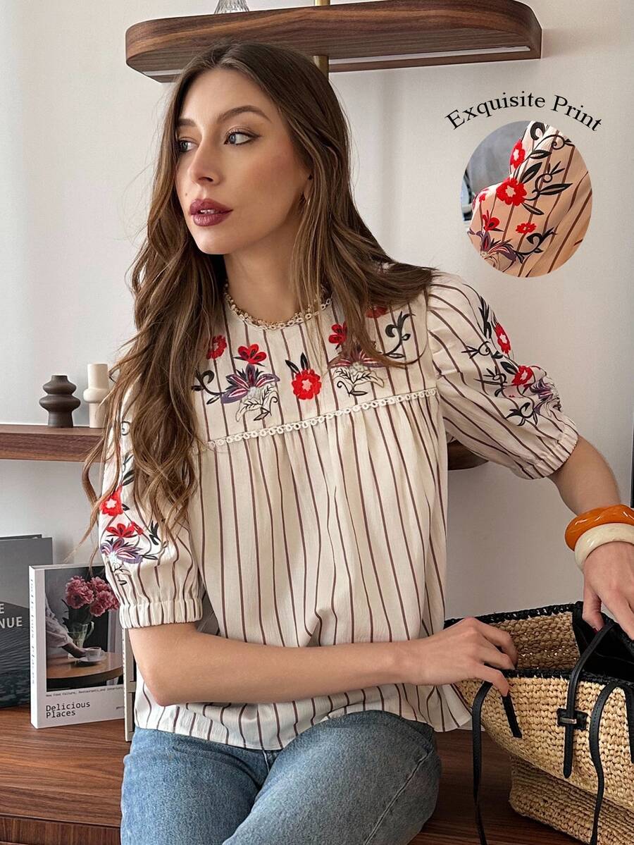 Pariaura [Printed Design] Women's Spring/Summer French Striped Puff Sleeve Blouse, Loose Versatile Casual Commuter Short Shirt - Apricot - View 1