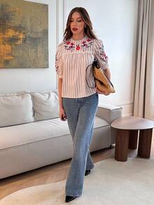Pariaura [Printed Design] Women's Spring/Summer French Striped Puff Sleeve Blouse, Loose Versatile Casual Commuter Short Shirt - Apricot - View 8
